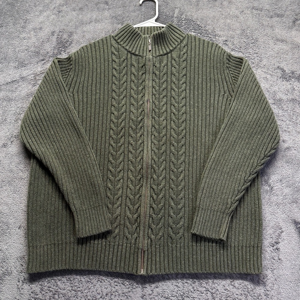 Vintage Lands End Full Zip Cardigan Sweater Womens XL Green Cable Knit Mock Neck